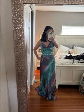 Beaded Teal and Purple Prom Gown with Plunging Neckline
